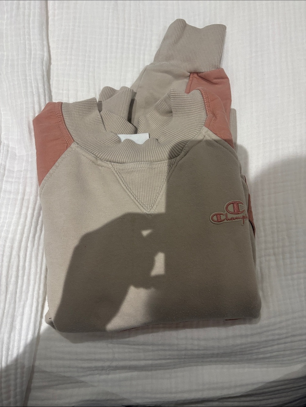 Champion Colorblock Crewneck Sweatshirt - Beige with Dusty Rose